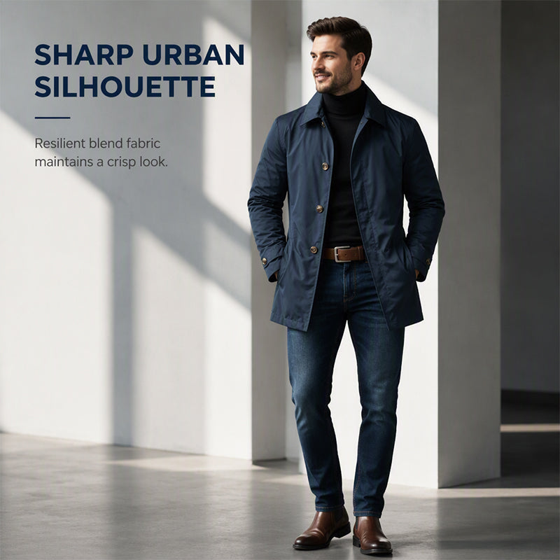 Navy men's mid-length trench coat with a clean urban silhouette